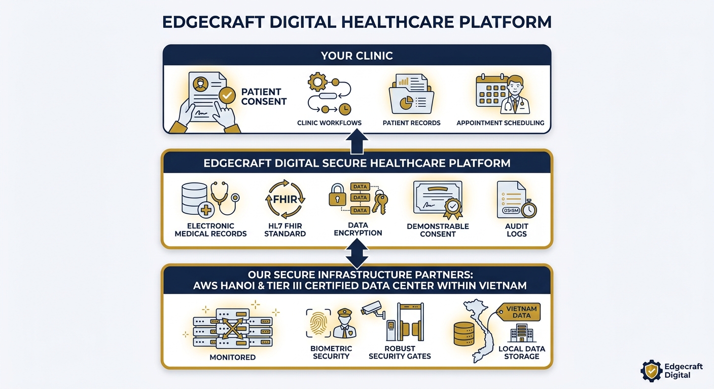 Diagram of the Edgecraft Digital healthcare platform in three layers. Your clinic: patient consent, clinic workflows, patient records and appointment scheduling. Edgecraft Digital secure healthcare platform: electronic medical records, HL7 FHIR standard, data encryption, demonstrable consent and audit logs. Our secure infrastructure partners, AWS Hanoi and a Tier III certified data centre within Vietnam: monitored, biometric security, robust security gates and local data storage.