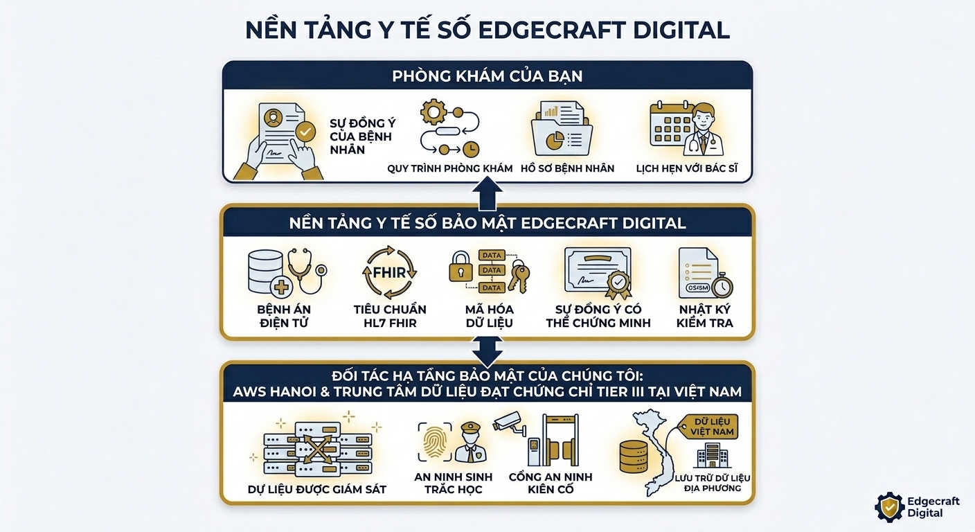 Sơ đồ nền tảng y tế số Edgecraft Digital gồm ba lớp. Phòng khám của bạn: sự đồng ý của bệnh nhân, quy trình phòng khám, hồ sơ bệnh nhân và lịch hẹn với bác sĩ. Nền tảng y tế số bảo mật Edgecraft Digital: bệnh án điện tử, tiêu chuẩn HL7 FHIR, mã hóa dữ liệu, sự đồng ý có thể chứng minh và nhật ký kiểm tra. Đối tác hạ tầng bảo mật: AWS Hà Nội và trung tâm dữ liệu đạt chứng chỉ Tier III tại Việt Nam: dữ liệu được giám sát, an ninh sinh trắc học, cổng an ninh kiên cố và lưu trữ dữ liệu địa phương.